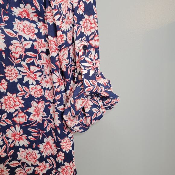 Talbots shirt womens size XL navy blue red floral button up top roll tab sleeves - Picture 7 of 12